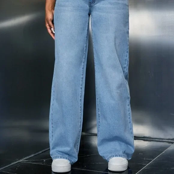 Wide Leg Denim Pants, Drop waist Slant Pocket Wide Leg Jeans - Picture 6 of 6